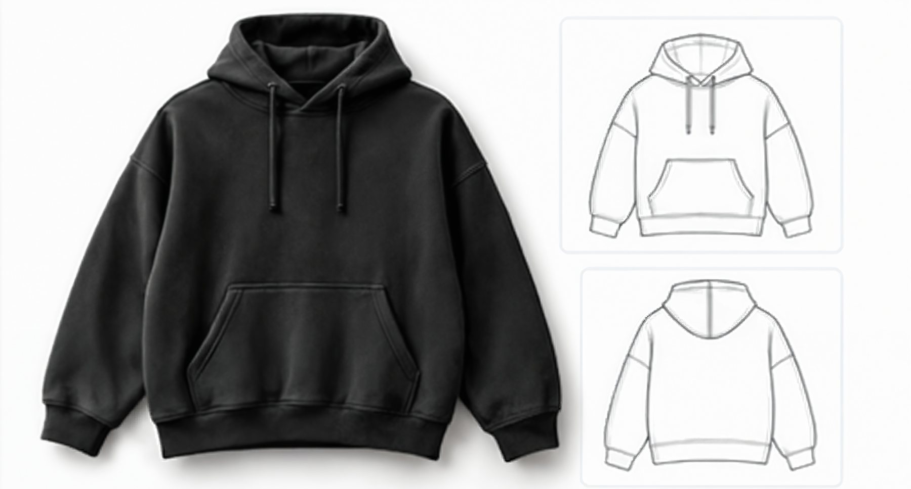 A washed black heavyweight hoodie, the sample under review, beside its front and back flat sketches