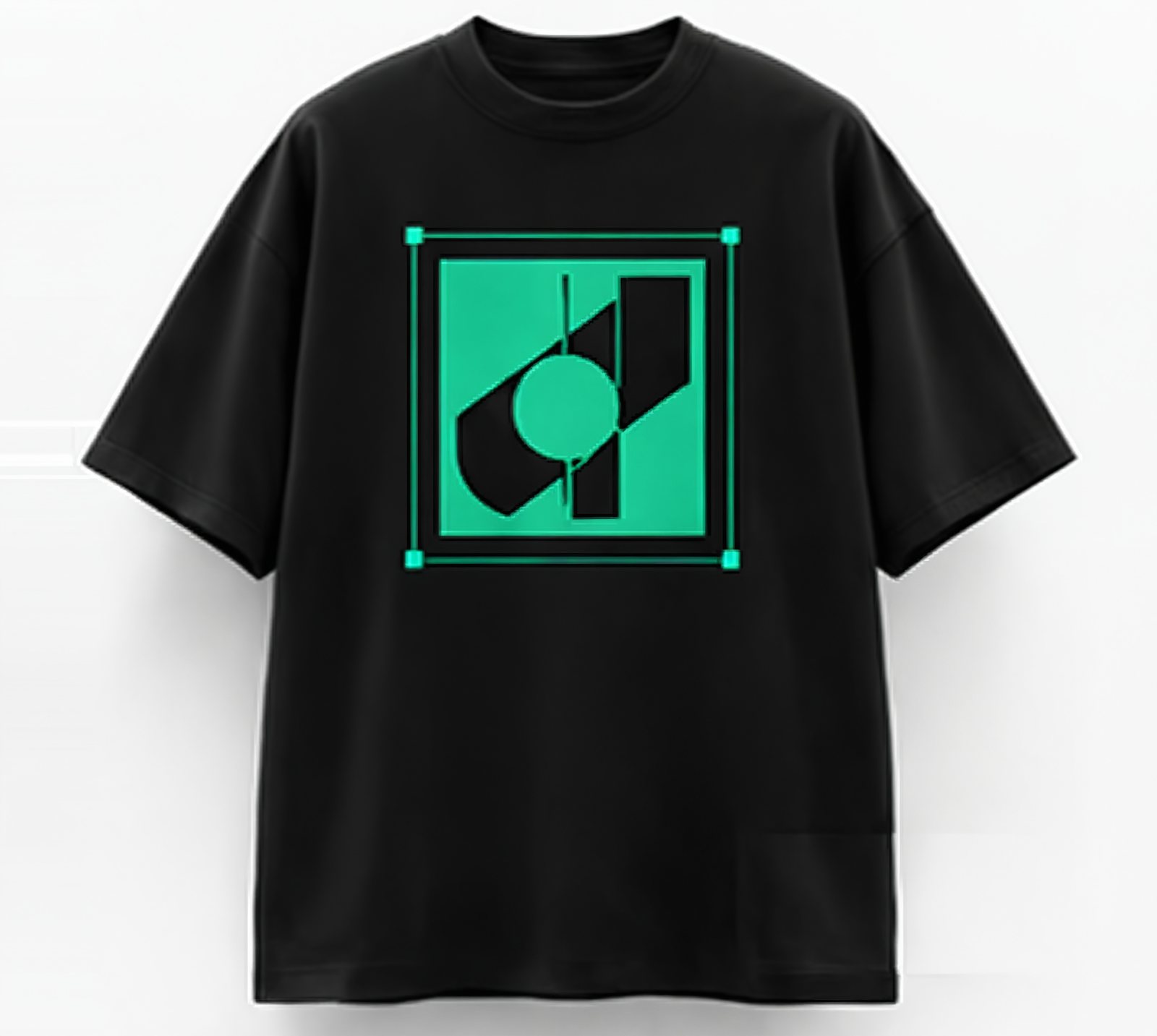 A black oversized tee with a mint geometric print placed inside a marked print area